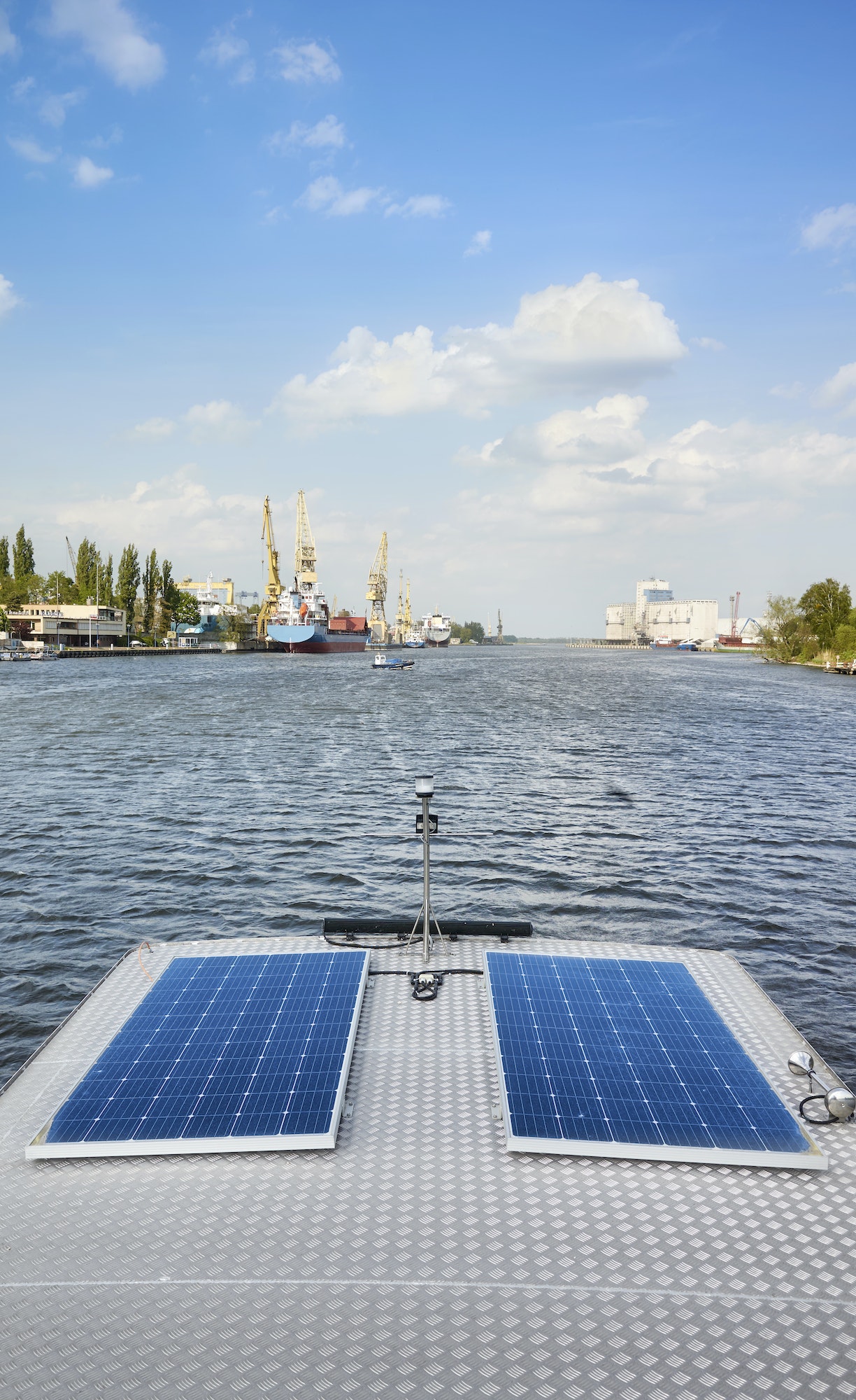 Photovoltaic panels on a boat roof.